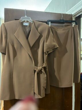 Kasper Tan Two-Piece Skirt Set with Tie-Waist Jacket. Color is medium tan.